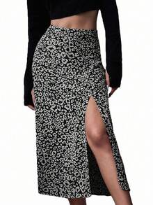 SHEIN Essnce All Over Print Split Thigh Skirt - Multicolor - View 3