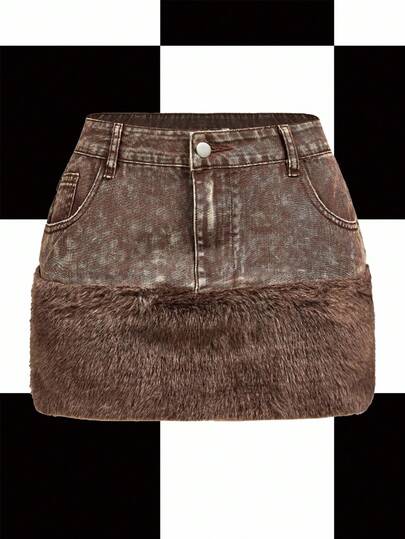 Y2Kool Women's Denim Faux Fur Sexy Mini Skirt, Suitable For School, Party, Evening Winter Matching Idea Casual Stylish Clothing Collection New Year Outfits