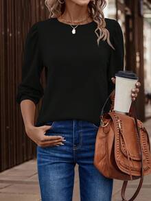 EMERY ROSE Women's Solid Color Minimalist Crew Neck Long Sleeve T-Shirt, Everyday Wear - Black - View 3