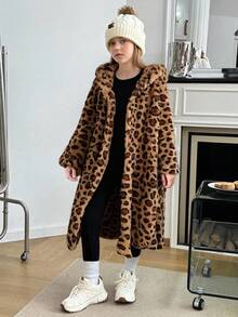 SHEIN 1 件女童豹纹蓬松连帽中长休闲夹克，适合外出和日常穿着，秋冬季 - 黃色 - 查看 2