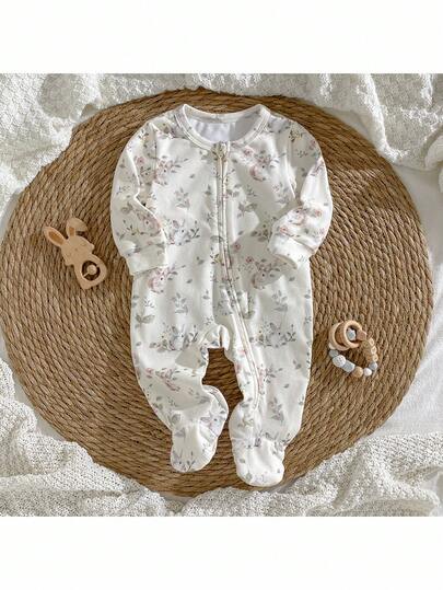 Loomiva Newborn Baby Boy/Girl Floral Print Soft Knit Crew Neck Long Sleeve Jumpsuit Fall Winter