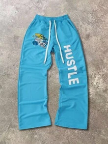 ROMWE MEN Street Life Men's Drawstring Waist American Street Letter Print Flared Sweatpants - Cadet Blue - View 1