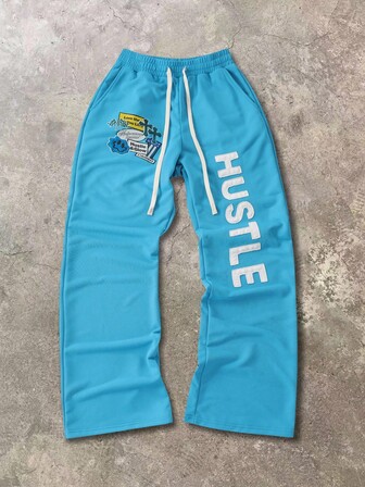 Street Life Herren Jogginghose mit Kordelzug in Taille, amerikanischer Straßen-Buchstabe Muster, weiter Schnitt