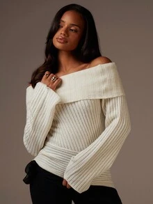 Athîral 女士纯色露肩长袖时尚毛衣，秋季 - 白色 - 查看 1