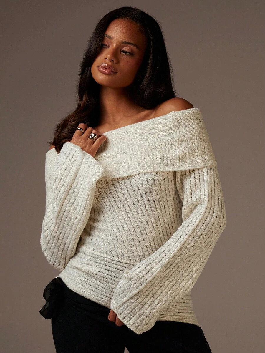 Athîral 女士纯色露肩长袖时尚毛衣，秋季 - 白色 - 查看 1