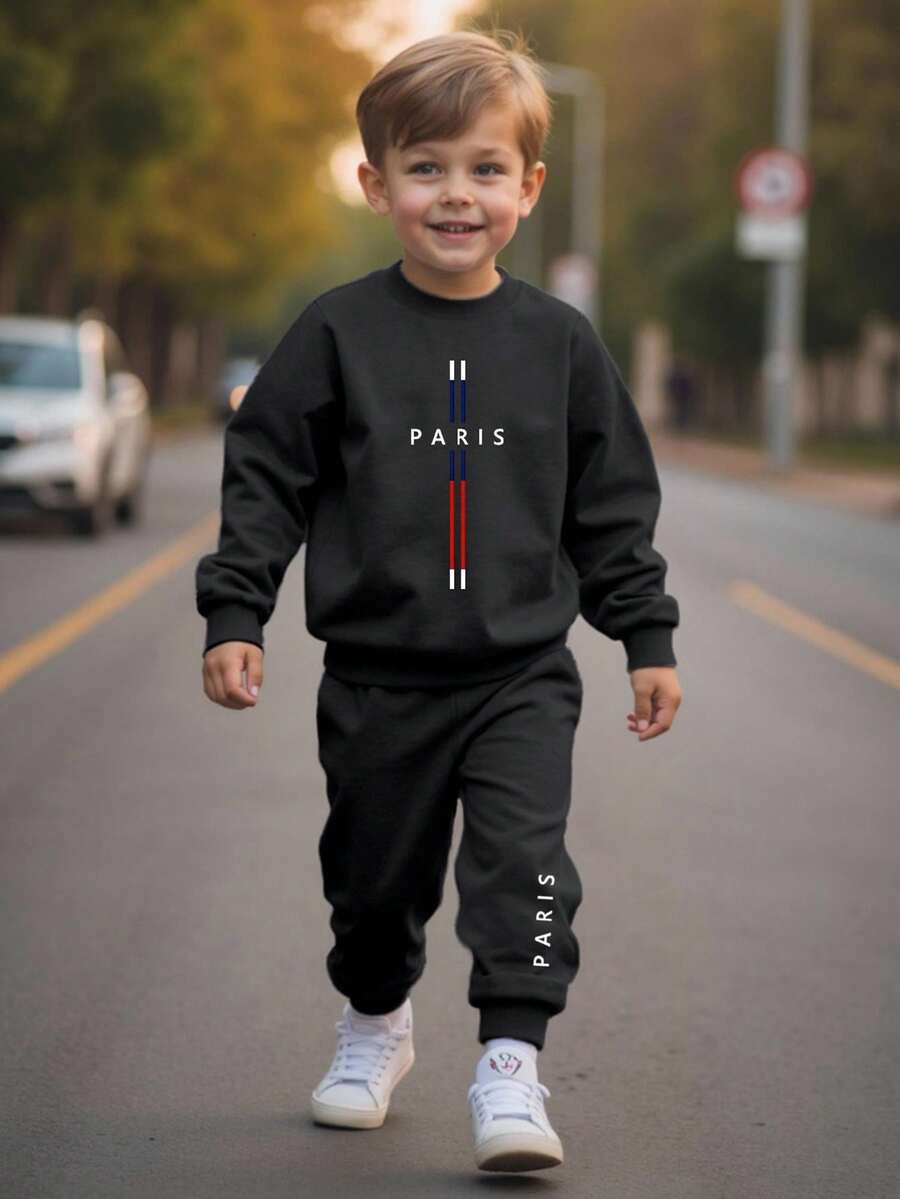 休闲舒适字母印花运动衫套装，男童圆领运动衫上衣和运动裤套装 - 黑色 - 查看 1