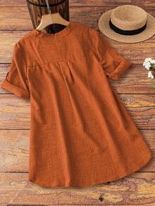 EMERY ROSE Plus Size Women's Solid Color V-Neck Roll-Up Sleeve Casual Shirt - Orange - View 2