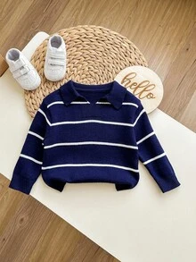 SHEIN Baby Boy/Girl Casual Versatile Colorful Striped Collared Half-Zip Pullover Sweater,In Fall/Winter - Multicolor - View 4