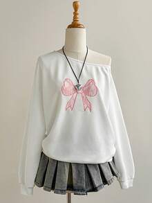 SHEIN Unity Women's Autumn Long Sleeve Bow Lace Embroidered Oblique Shoulder Sweatshirt - White - View 3