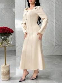 Modelyn Bow Collar Waist Cinched Slimming Elegant Long Dress