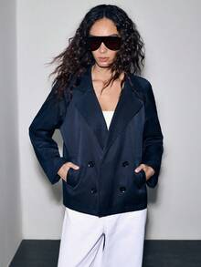 Lumivelle 复古小众西装领双排扣宽松休闲短款长袖风衣外套女，女士双排扣长袖翻领夹克外套，秋季女短款夹克风衣，时尚简约百搭双排扣短款风衣外套，双排扣翻领长袖短款外套外套 - 藏蓝色 - 查看 1