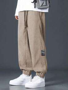 Manfinity EZcore 男士字母图案抽绳腰休闲慢跑裤卡其色，秋冬，灯芯绒