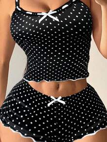 SHEIN SXY 两件套女士休闲波点睡衣套装，吊带背心+短裤，波点比基尼，波点泳衣 - 黑色 - 查看 8