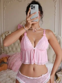 PetitDoll 1 件蕾丝拼布花朵镂空心形装饰无钢圈文胸，甜美可爱前扣式文胸，适合女士 - 粉色 - 查看 4