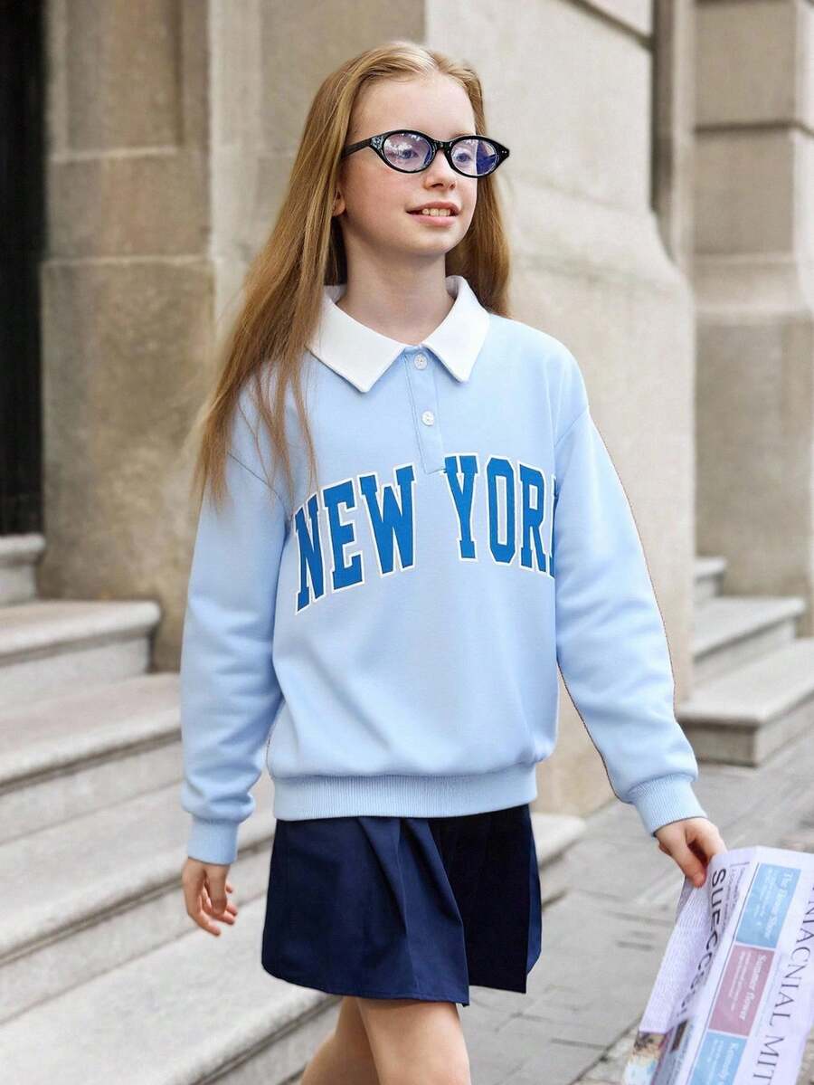 SHEIN Explorewe 女大童字母圖案拼接領落肩袖Polo領運動衫 - 藍色 - 查看 1