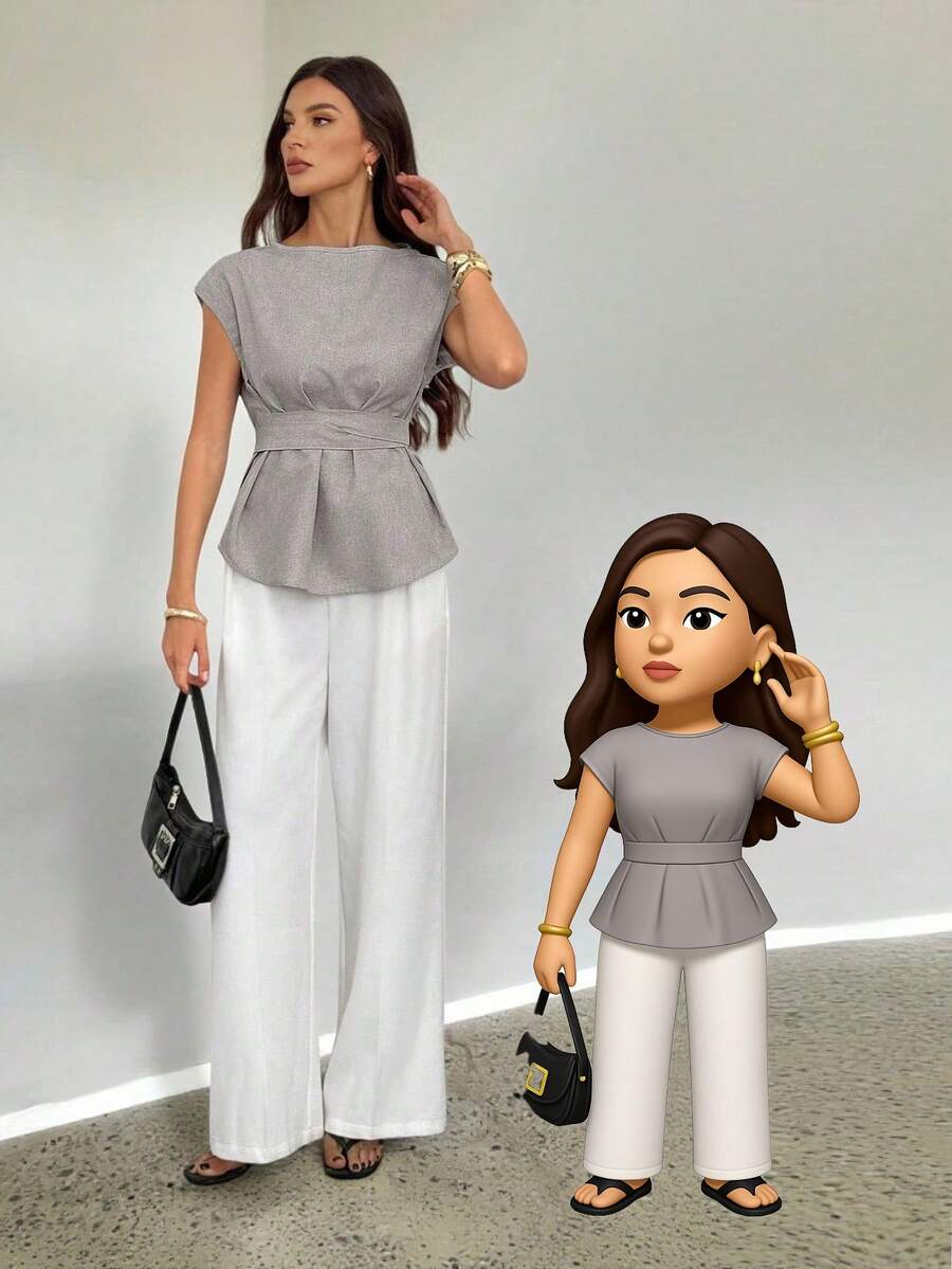 SHEIN Tall 亚麻蝙蝠袖休闲上衣，夏季，毕业，教师，返校 - 卡其色 - 查看 1