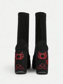 Sugerpunk Women's Round Toe Platform Thick Sole Embroidered Dragon Pattern Suede Slip-On Black Ankle Boots