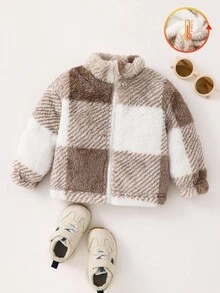 SHEIN 男女通用婴儿格子毛绒立领拉链夹克，可爱百搭，秋冬婴儿服装 - 彩色 - 查看 5