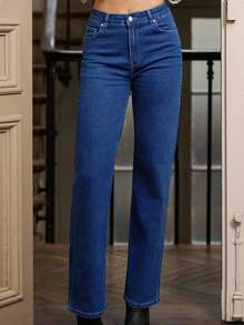 lacRébo 高腰深蓝色牛仔裤，阔腿直筒版型秋季女装秋冬 - 中等水洗藍 - 查看 5