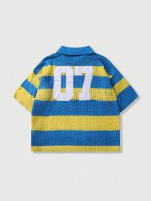 ROMWE MEN Prep Men's Embroidered Striped Knit Sweater, Knit Short Sleeve Polo Shirt - Blue - View 2