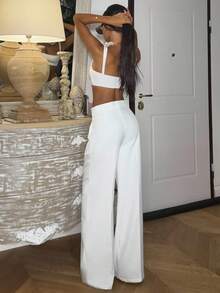 Ronhire Casual Straight High Waist Solid Color Trousers - White - View 6