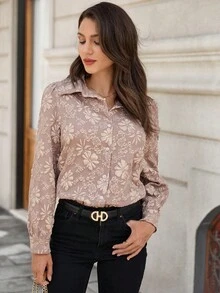 EMERY ROSE Blusa elegante de manga larga con abotonadura sencilla y estampado floral jacquard, para otoño - Caqui - Ver 3