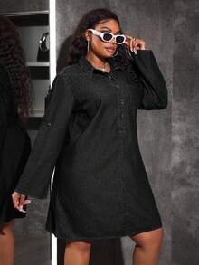 Slaydiva Plus Size Denim Long Sleeve Shirt Dress, Casual Fitted Blue - Black - View 5