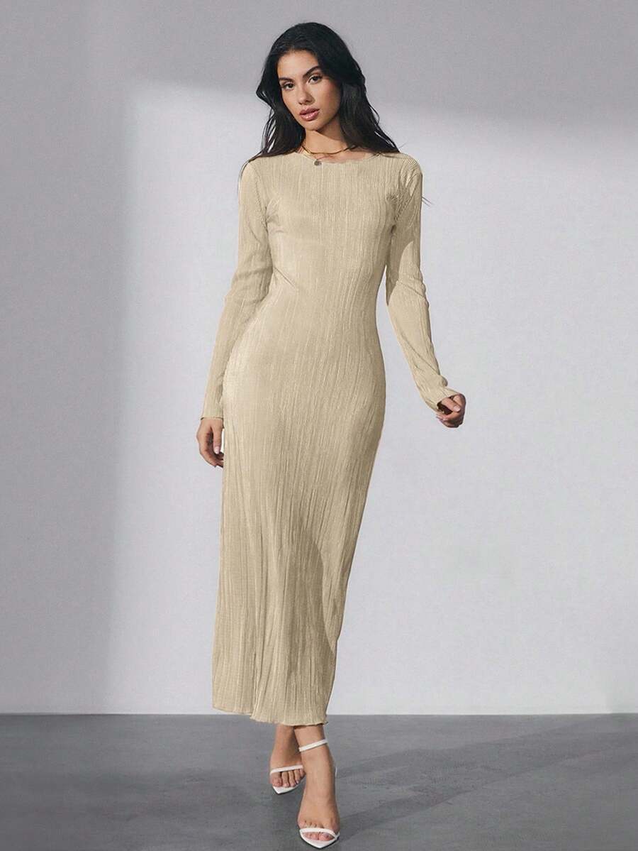 CLARA VERO Elegant Style Pleated Satin Quality Maxi Dress - Beige - View 1