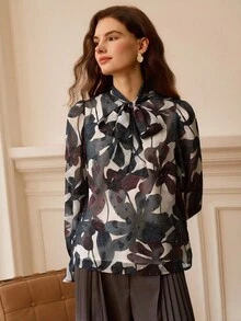 SHEIN Clasi Autumn Women's Elegant French Style White Floral Print Blouse,Ellegant Office Vintage Bowknot Design Shirt For Dates,Vacations&Holidays - Multicolor - View 6