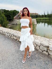 Bearsaez Women's  Creamy Apricot  Summer Skirt With High-Low Hem ,Drawstring Ruffled Layered,Party Skirt,Boho Skirt,Lunch Skirt - White - View 4