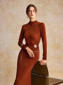 House of One High Neck Ruched Solid Knit Long Dress With Metal Buckle Women Autumn Elegant Casual Dress