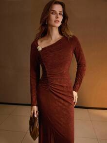 MOTF PREMIUM VESTIDO AJUSTADO DE LÍNEA A DE PUNTO JACQUARD RECOGIDO - Óxido marrón - Ver 6