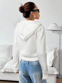 SHEIN EZwear 女士休闲日常白色拉链连帽衫，秋季 - 白色 - 查看 2