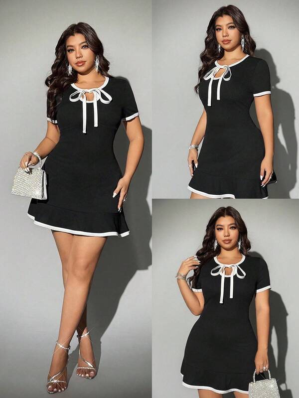 Viva Relle Vestido corto de corte evasé con aberturas, escote con lazo y volantes en el bajo, en tallas grandes con colores contrastantes