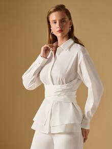 Briarwyn 女士休闲纯色褶腰长袖衬衫 - 白色 - 查看 5