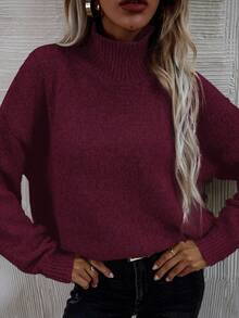 EMERY ROSE Áo len chui đầu dài tay cổ cao vai trễ màu trơn cho nữ, mùa thu - Màu Đỏ Sâu - Xem 7
