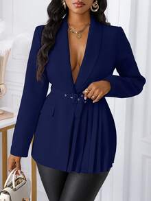 SHEIN Unity Women's Shawl Neck Cinched Waist Button Pleated Design Blazer - Navy Blue - View 5