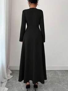 Elenzga Đầm midi dài tay xòe cổ tròn màu nâu cà phê thanh lịch dành cho nữ, thiết kế cao cấp, ôm sát eo, dáng suông, thích hợp mặc đi làm vào mùa thu - màu đen - Xem 2