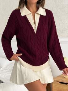 EURMUSE Women's Cable Knit Half-Zip Sweater With Contrast Collar And Ribbed Hems - Burgundy - View 1