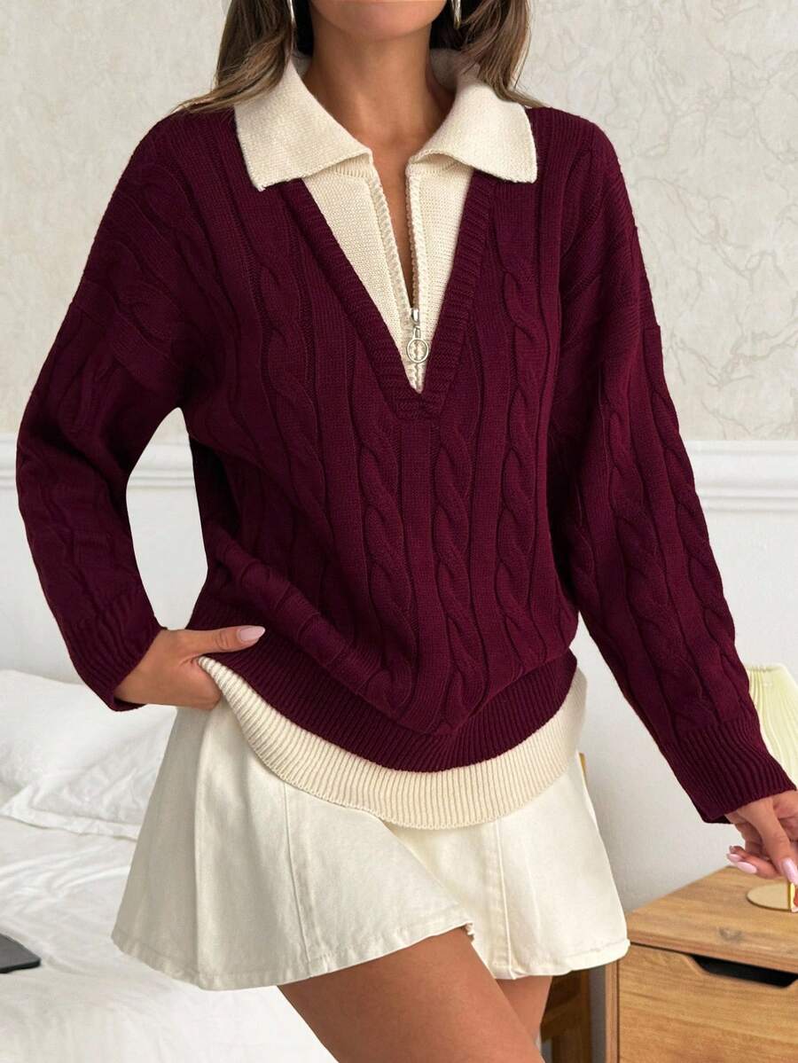 EURMUSE Women's Cable Knit Half-Zip Sweater With Contrast Collar And Ribbed Hems - Burgundy - View 1