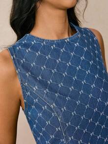 Vintamour 女式蝴蝶结印花腰部收紧无袖短款牛仔连衣裙，休闲优雅 - 中等水洗藍 - 查看 6