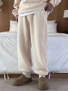 DAZY 男士秋季羊羔绒半拉链套头卫衣和抽绳裤套装 - 米色 - 查看 3