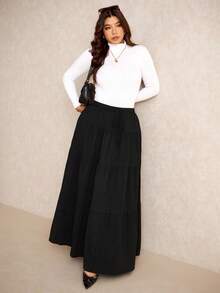 Elaquor Saia Casual Evasê com Cintura Elástica e Babado na Barra para Mulheres Plus Size, Conjunto Casual Feminino, Saia Casual, Roupas de Inverno para Mulheres - Preto - Visão 8