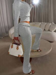 Women's Solid Color Hooded Zip-Up Jacket And Pants Set Fall Cloth For Women - Light Grey - View 4