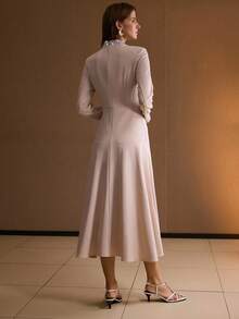 MOTF PREMIUM FAUX PEARL TRIM ASYMMETRICAL HEM DRESS WITHOUT BELT - Apricot - View 3