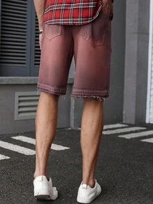 Manfinity Homme 男士时尚水洗做旧牛仔工装短裤，夏季，emo风格 - 紅色 - 查看 2