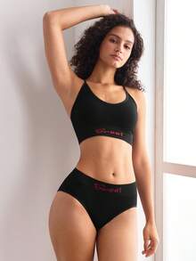 EasyFave 2pcs Seamless Cross Strap Bra And Panty Set - Black - View 3