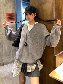DAZY 女式V领纯色休闲街头风格宽松长袖毛衣 - 灰色 - 查看 9