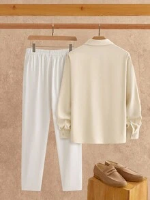 Manfinity VCAY Set de 2 piezas Camisa casual con bolsillo en el pecho y pantalón largo para hombre, ropa de otoño, conjunto cómodo - Multicolor - Ver 2