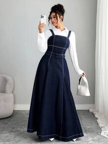 Selianne 女式优雅休闲深色牛仔连衣裙 - 深色水洗藍 - 查看 5